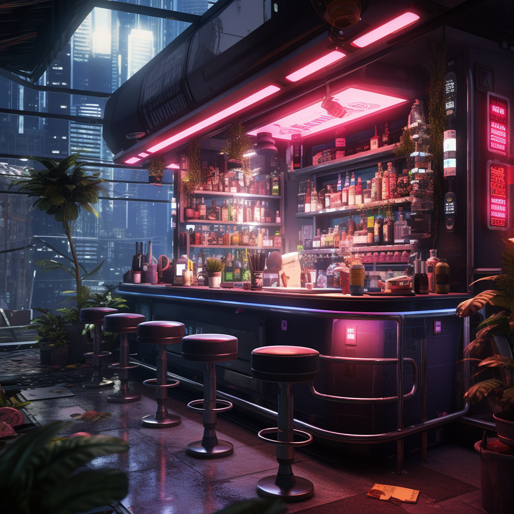 Cyberpunk cafe with neon lights