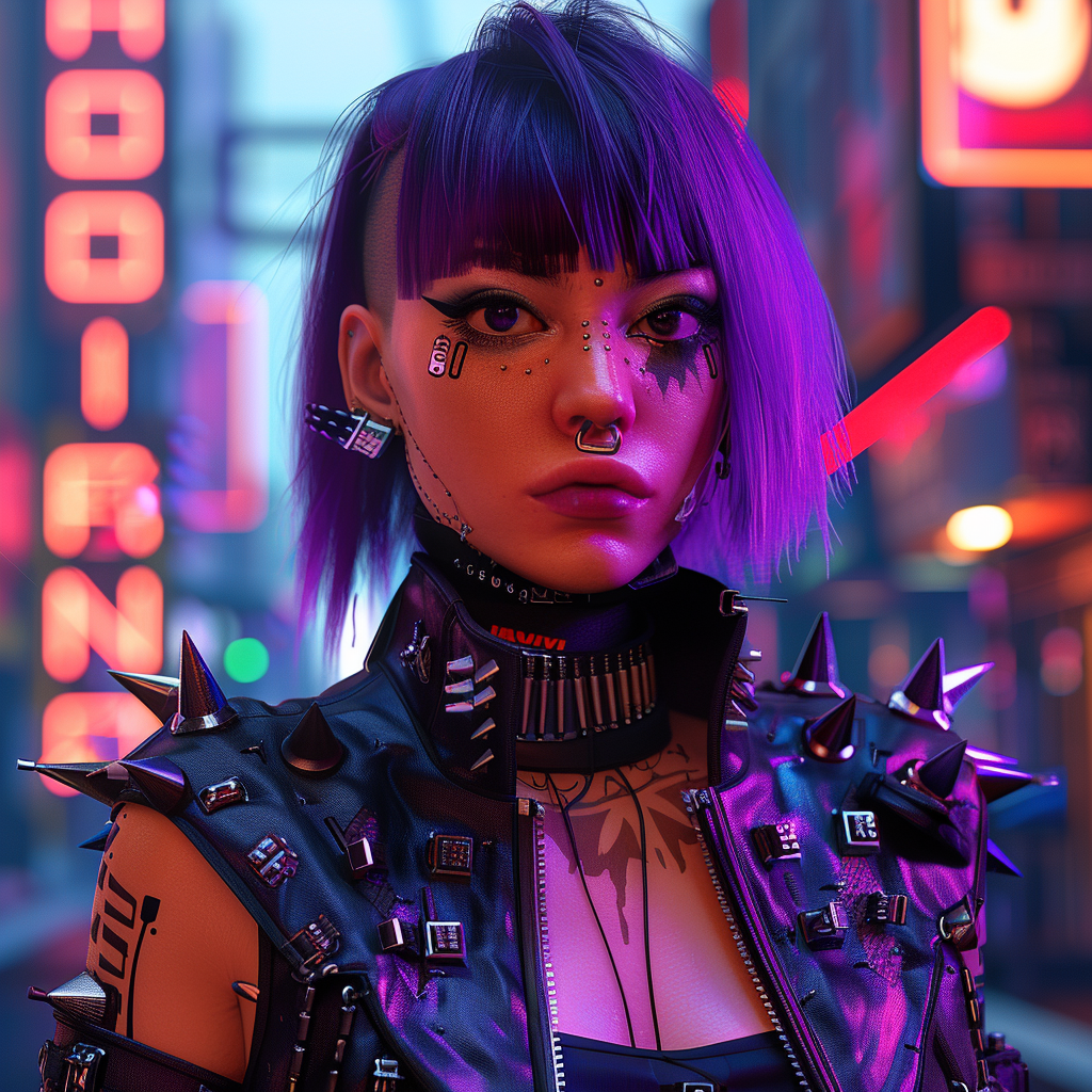 Cyberpunk female character with purple hair