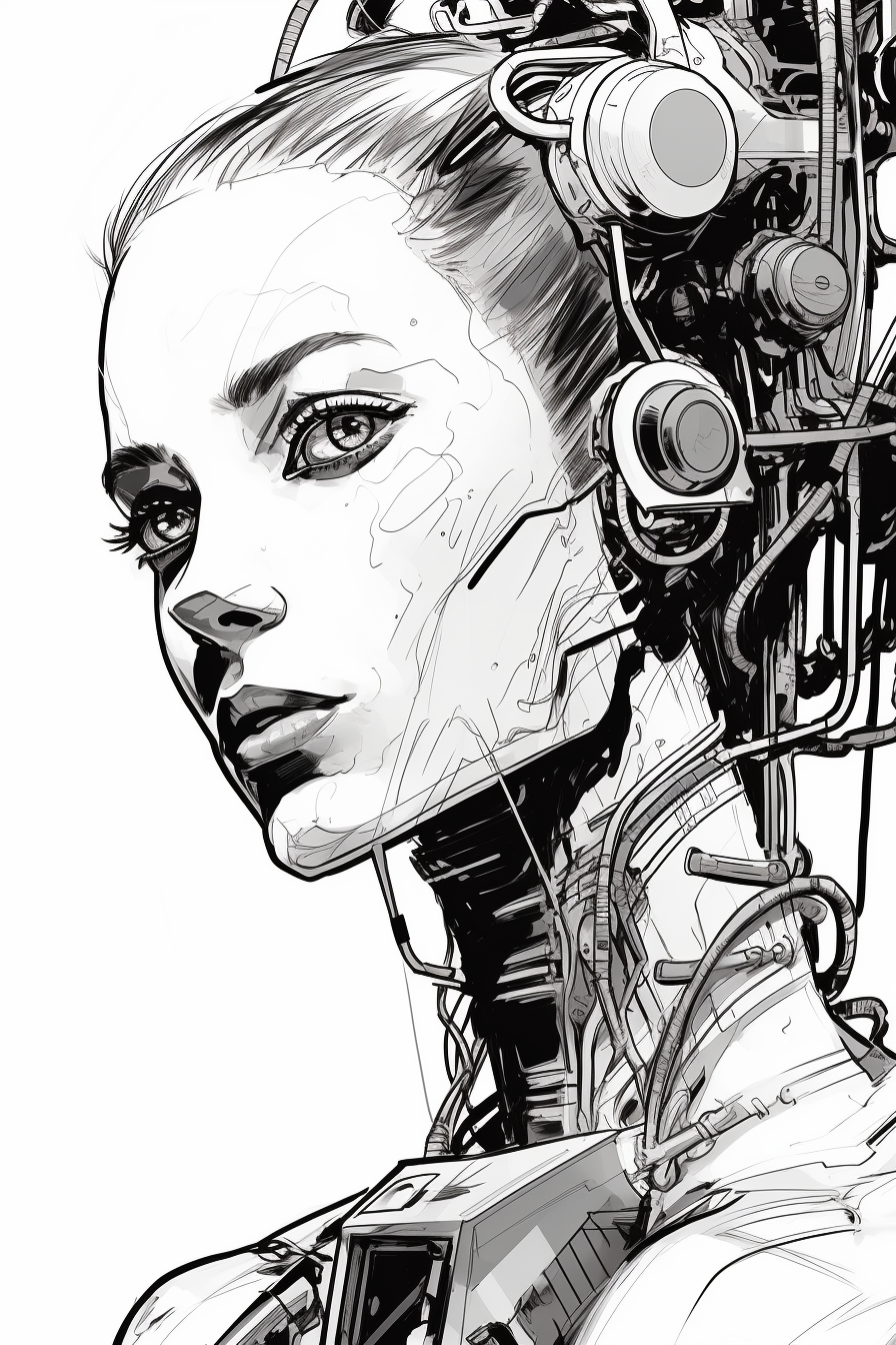 Sketch of female cyberpunk with two-headed robot