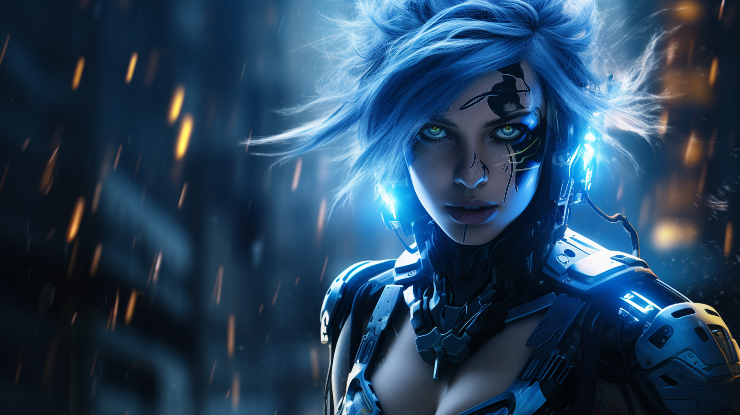 Cyberpunk Female Warrior with Blue Hair