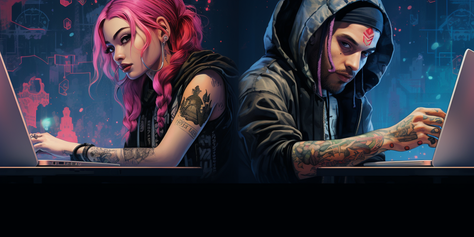 Cyberpunk manga girl with tattoos and man working on laptop