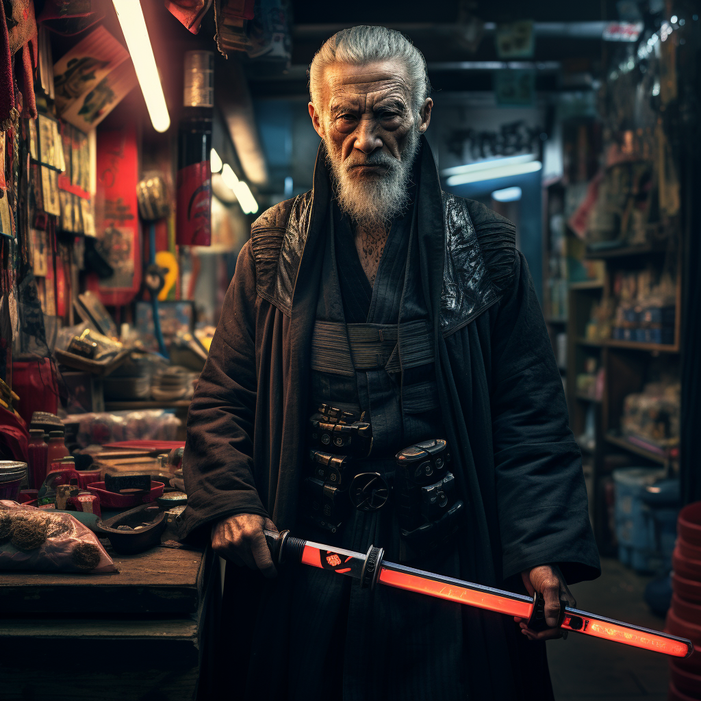 Cyberpunk old man selling lightsabers