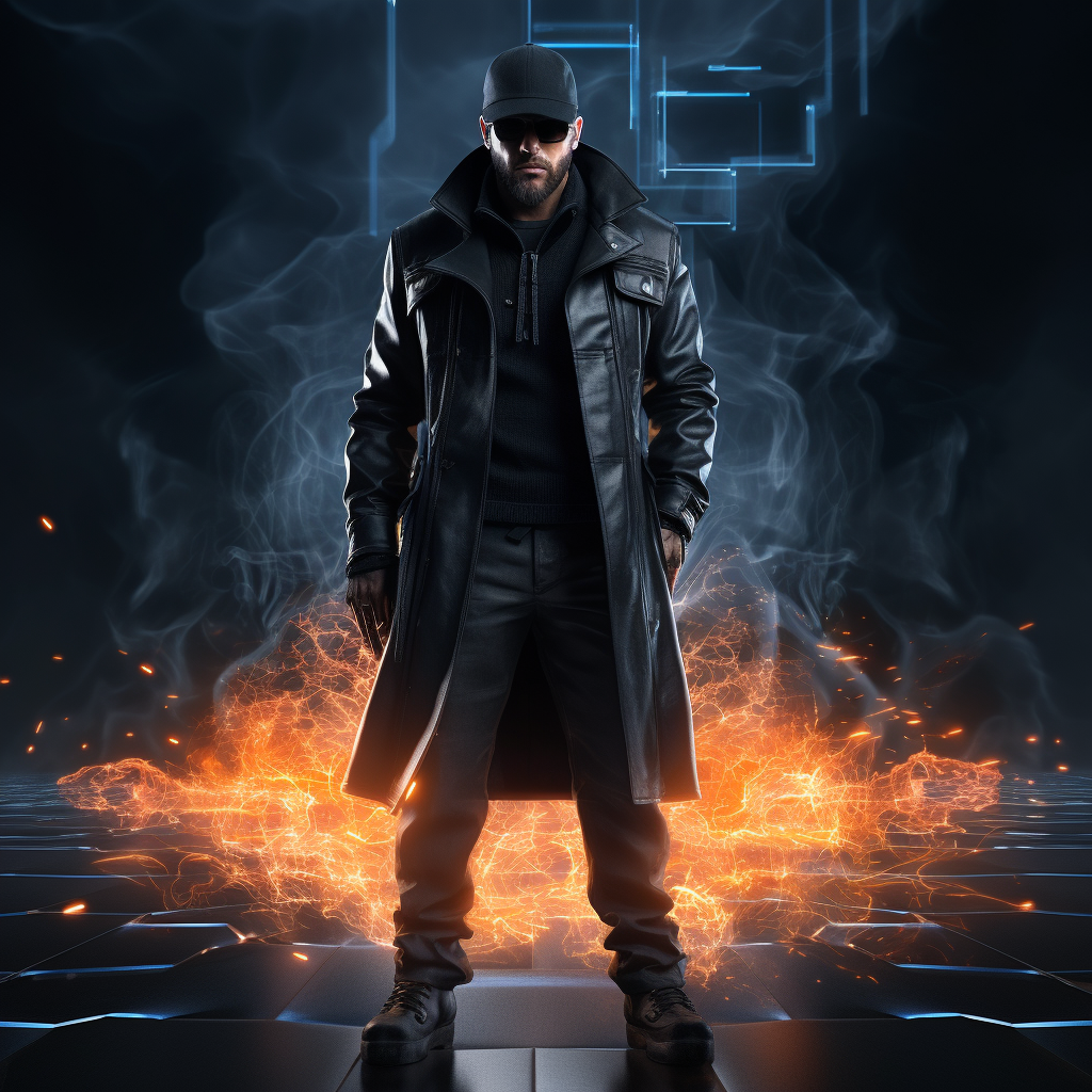 Rugged man in cyberpunk attire standing confidently