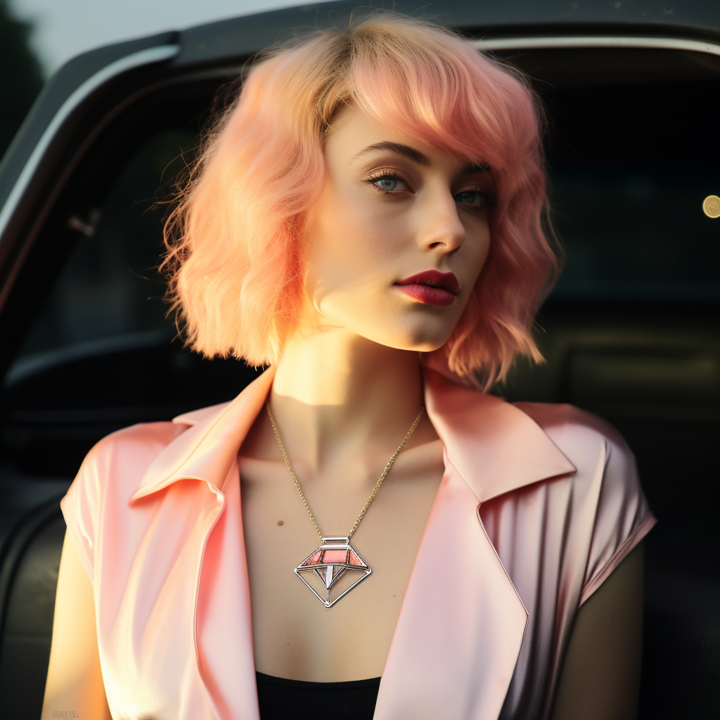 Woman wearing Cybertruck necklace elegantly