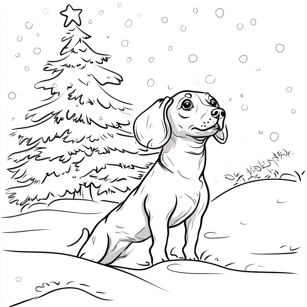 dachshund playing in snow, white christmas tree, black and white