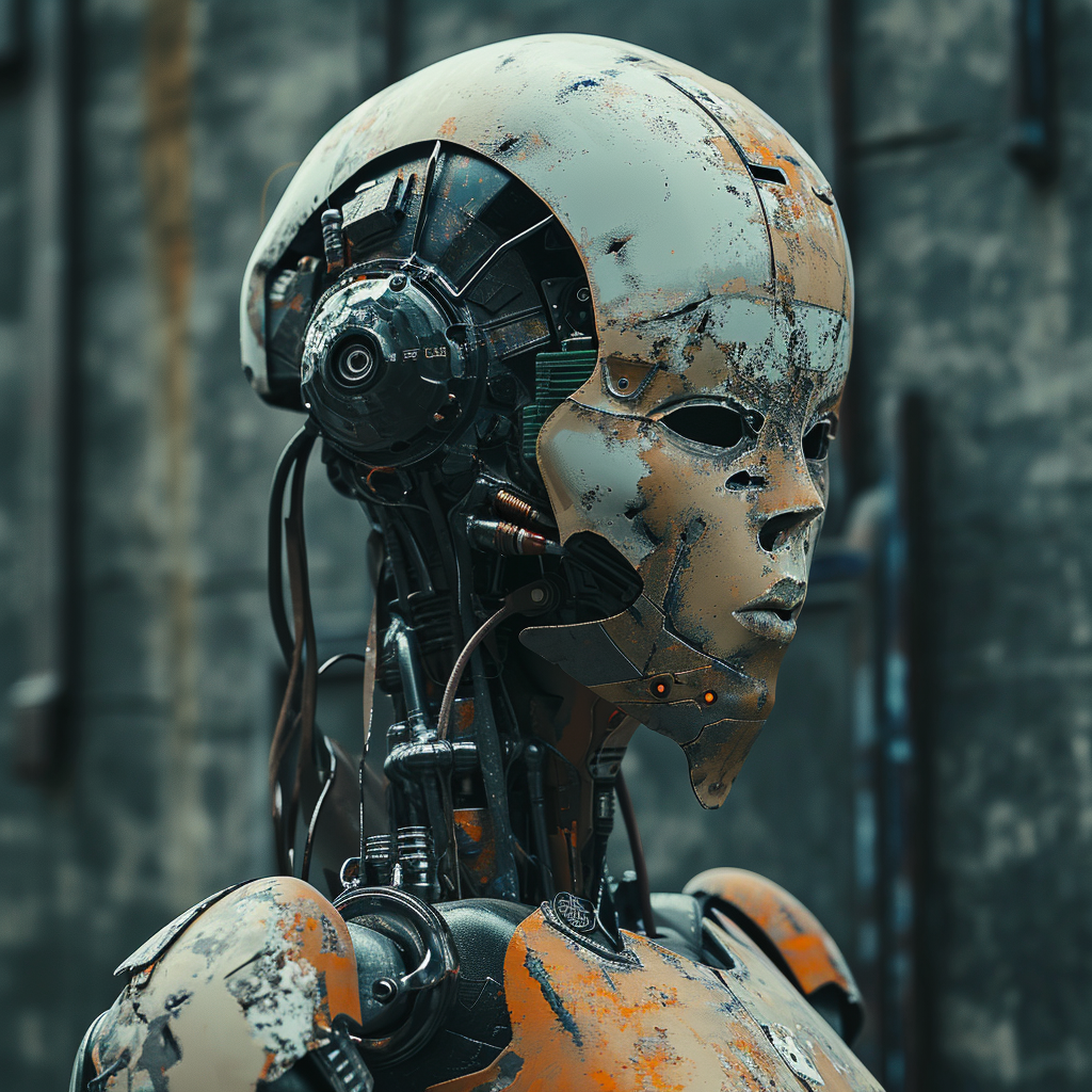 Damaged android in post-apocalyptic environment