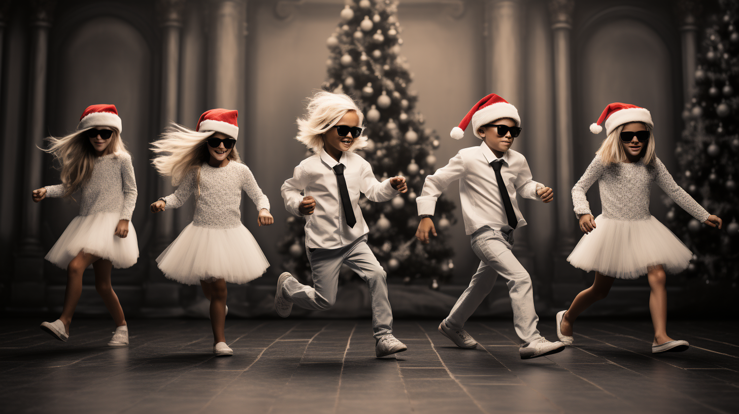 Quirky children having dance party as Santa