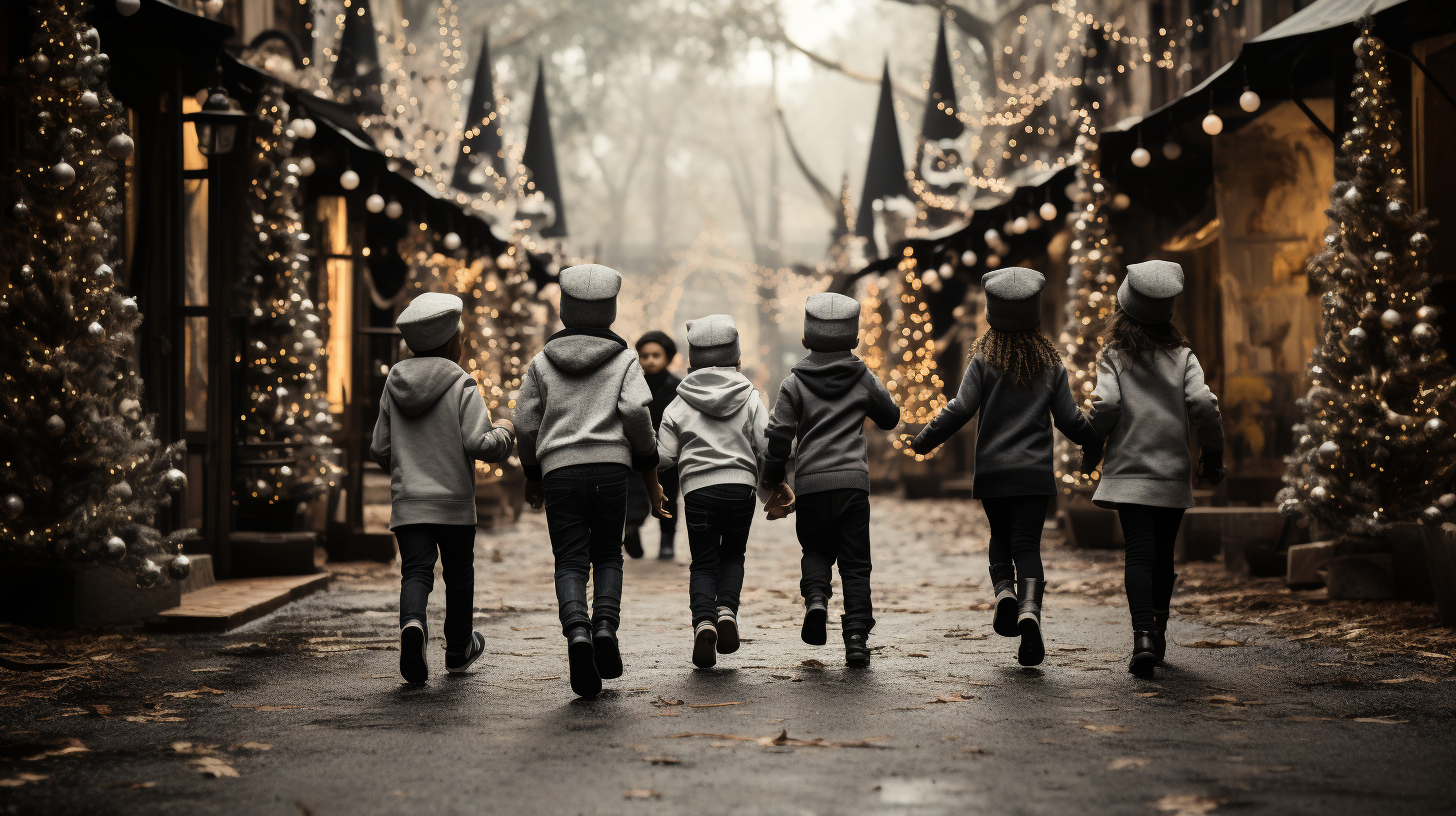 Quirky children dancing in festive village