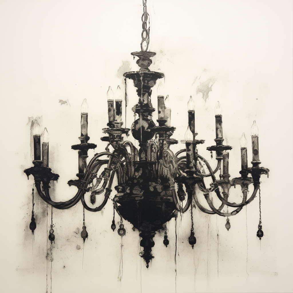 Dark chandelier etching on white background