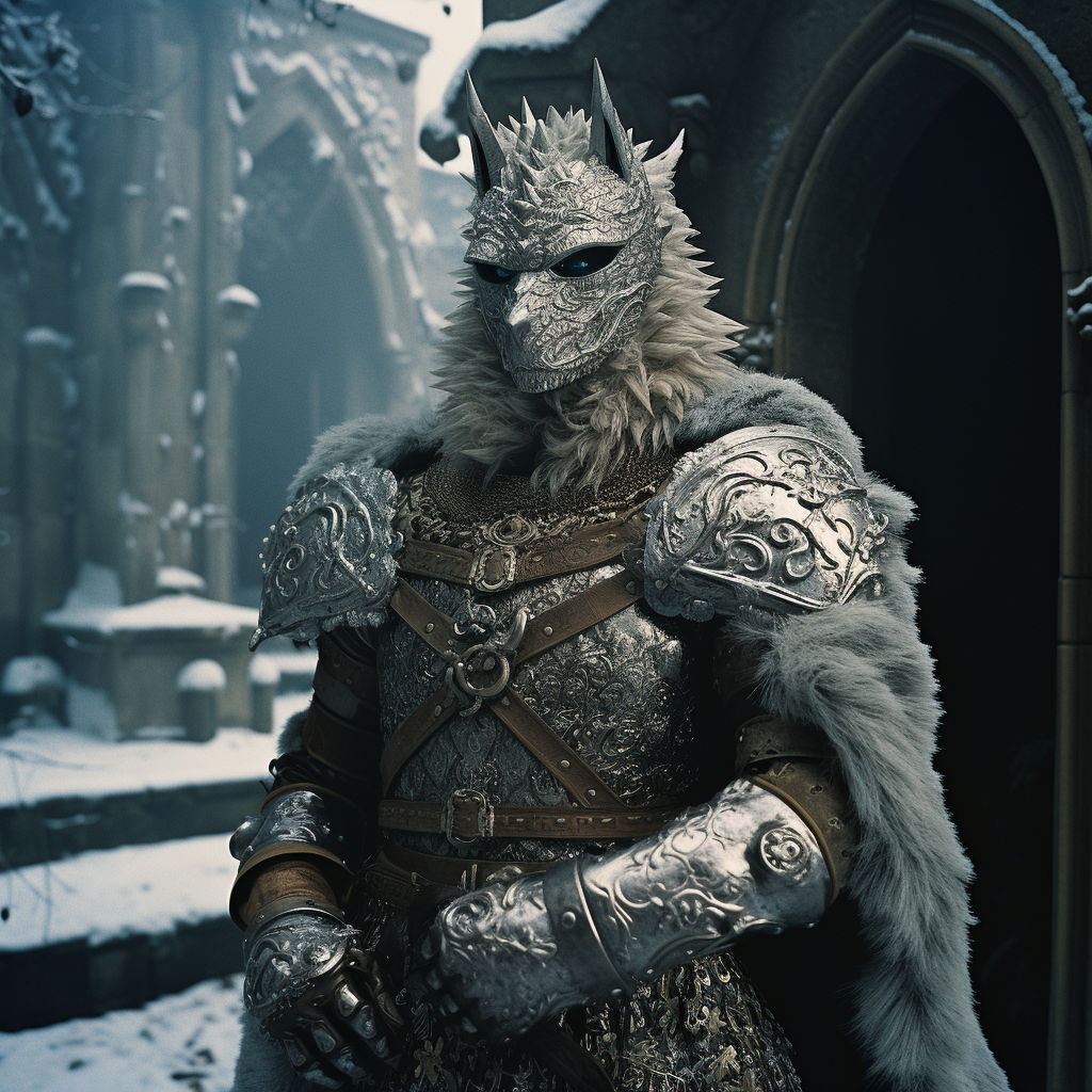 Wolf knight in snowy castle courtyard