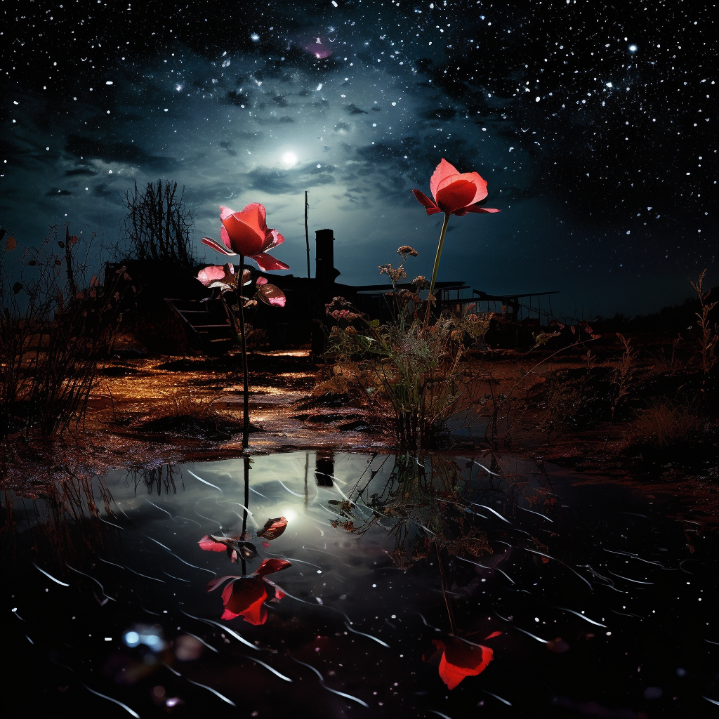 Dark landscape with black rose under a futuristic night sky