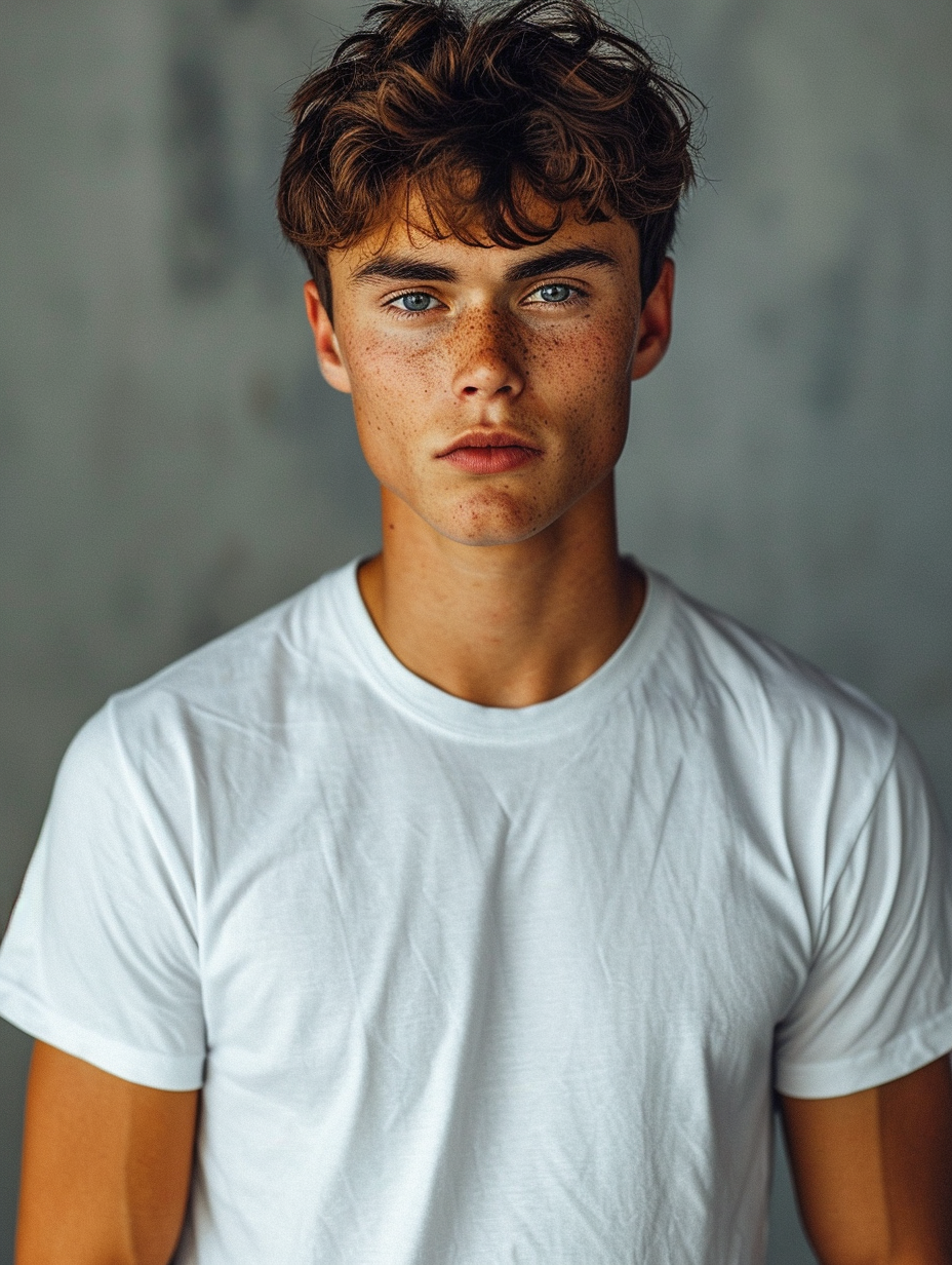 Dark-haired tanned man in white T-shirt