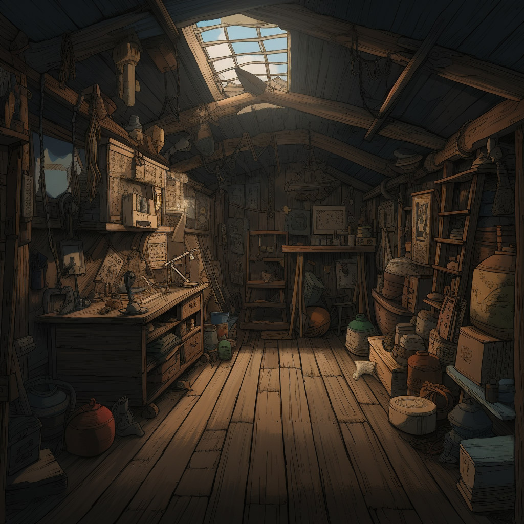 Comic book background of a dark interior tool shed