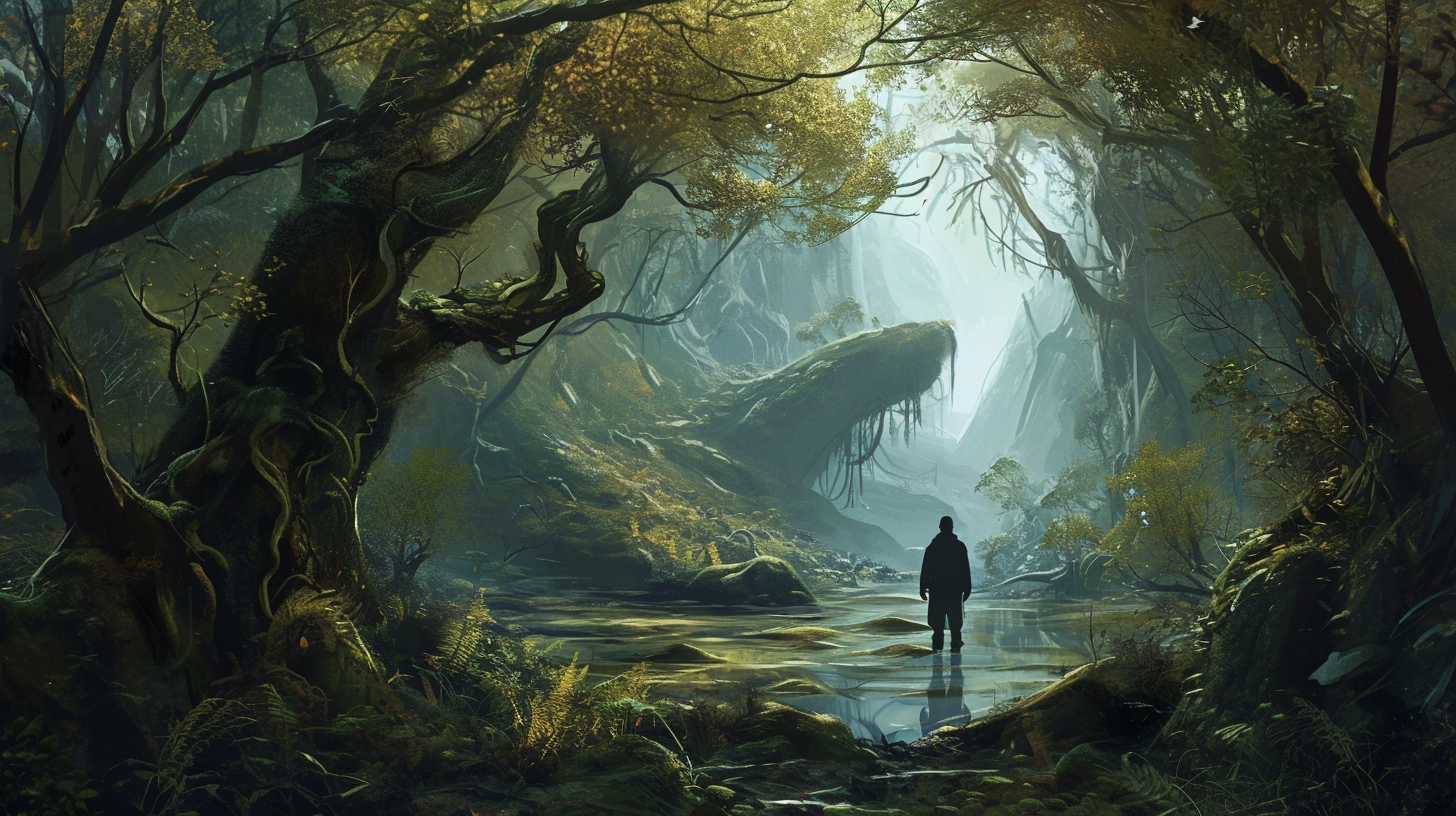 Image of a Dark Lake and Dense Forest in a Ruined World