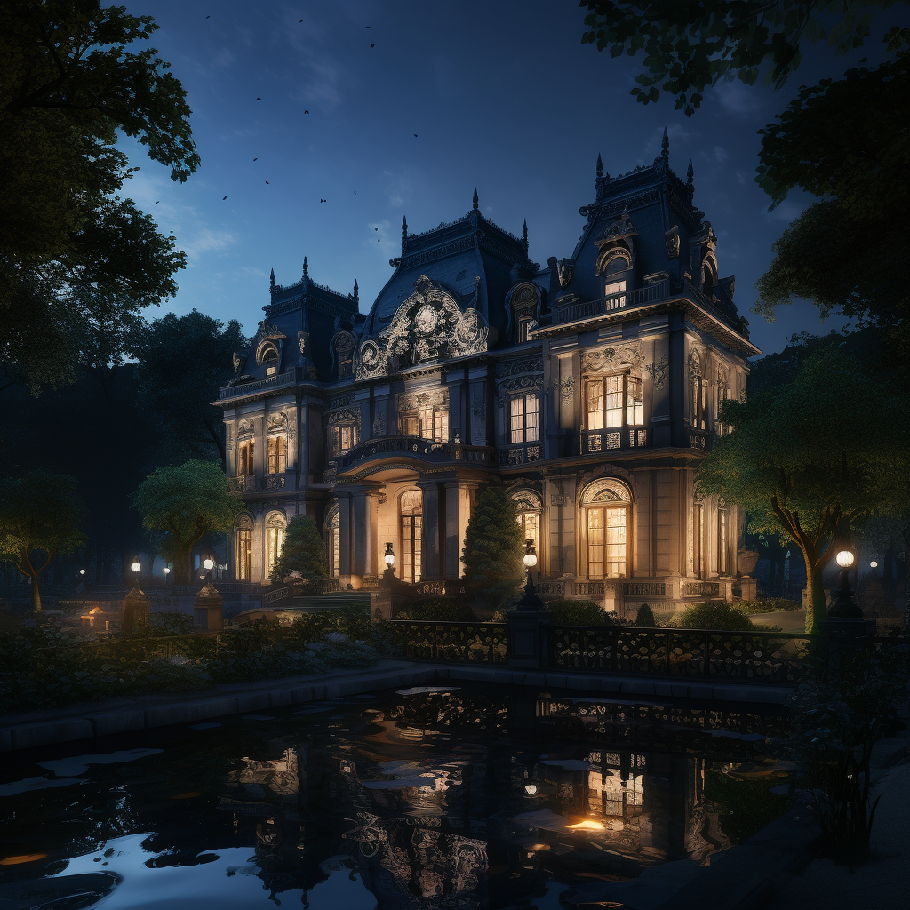 Gothic-inspired black mansion at night