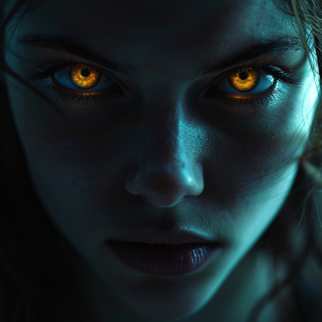 Woman with Yellow Eyes in Dark School