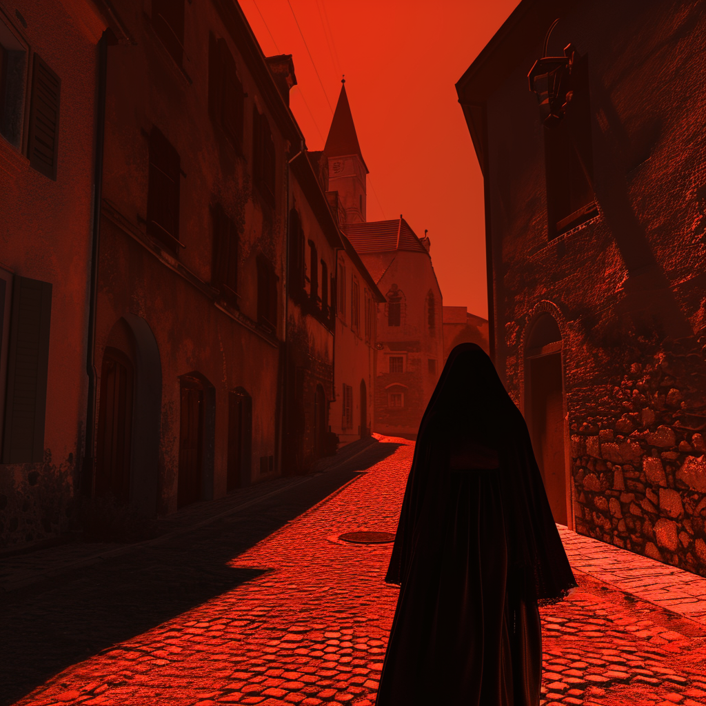 Dark Veiled Nun Walking Cobblestone City