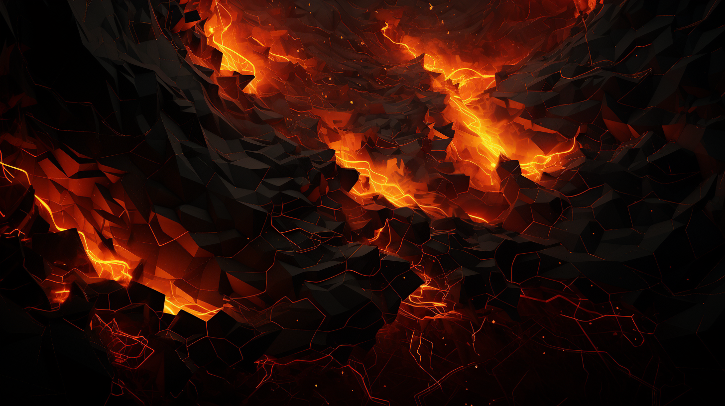 Dark abstract background with random shapes and fire