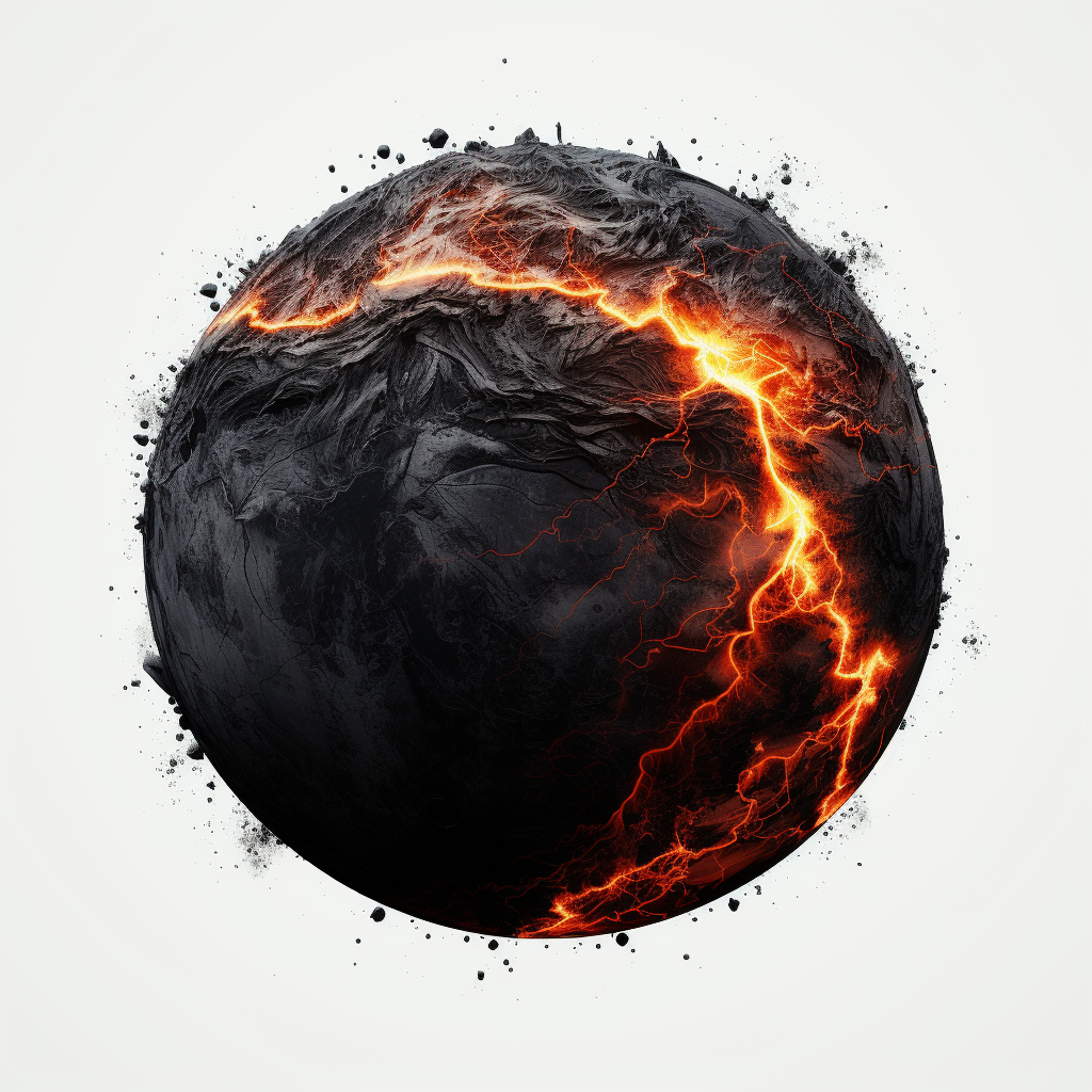 Realistic illustration of a dark black planet with small fire fissures