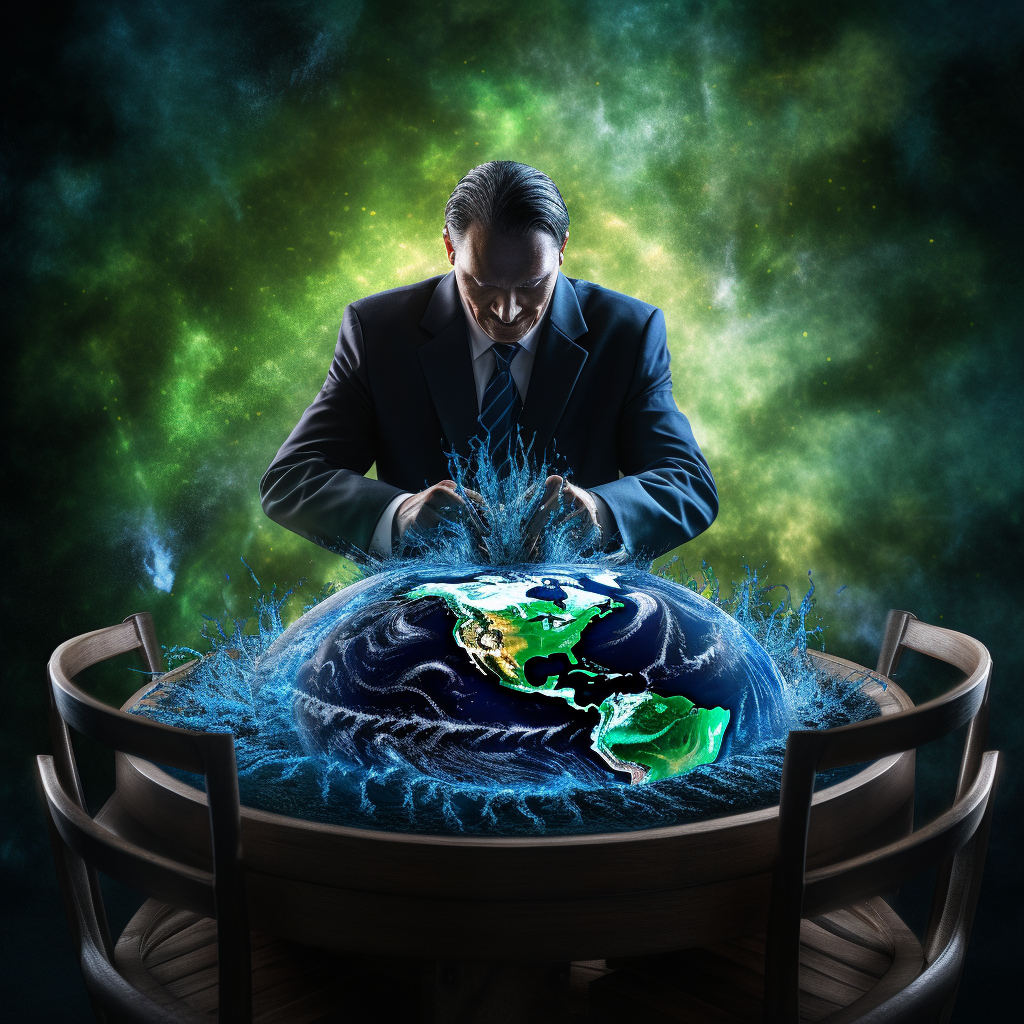 Man in dark suit sticking fork into globe