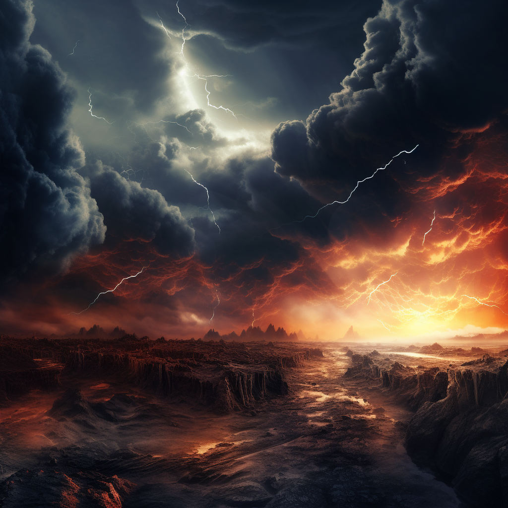 Apocalyptic dark clouds and lightning striking on a different planet