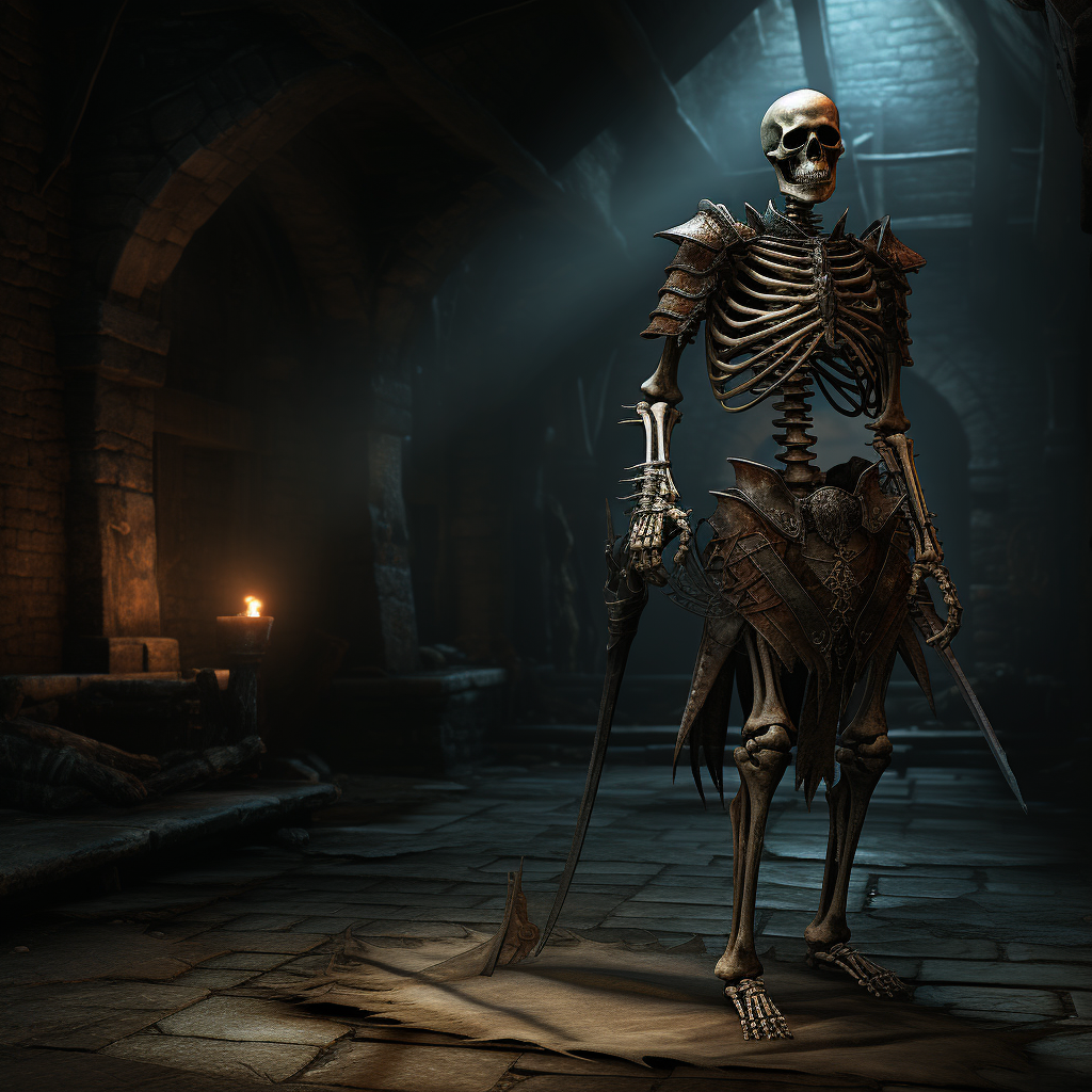 Skeleton shooting an arrow in dark dungeon