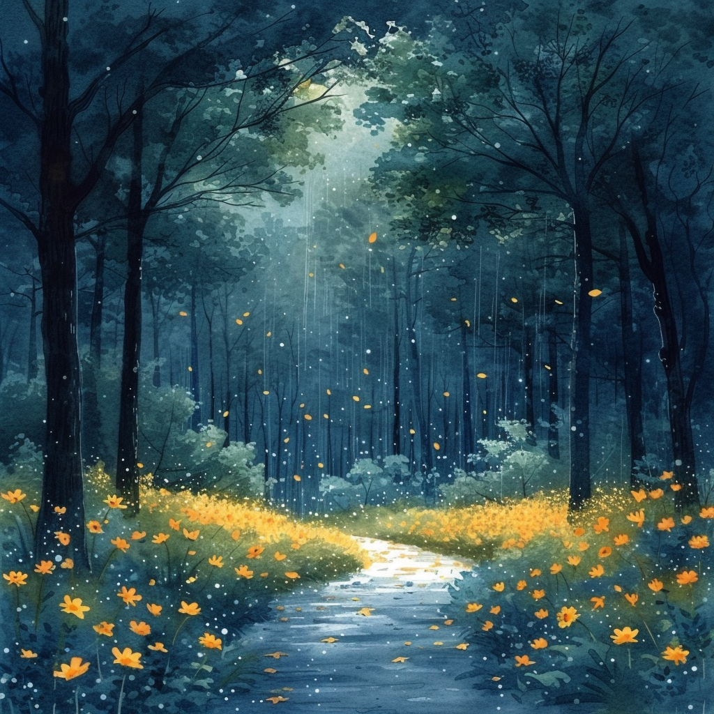 Dark forest rainy night thunderstorm watercolour illustration