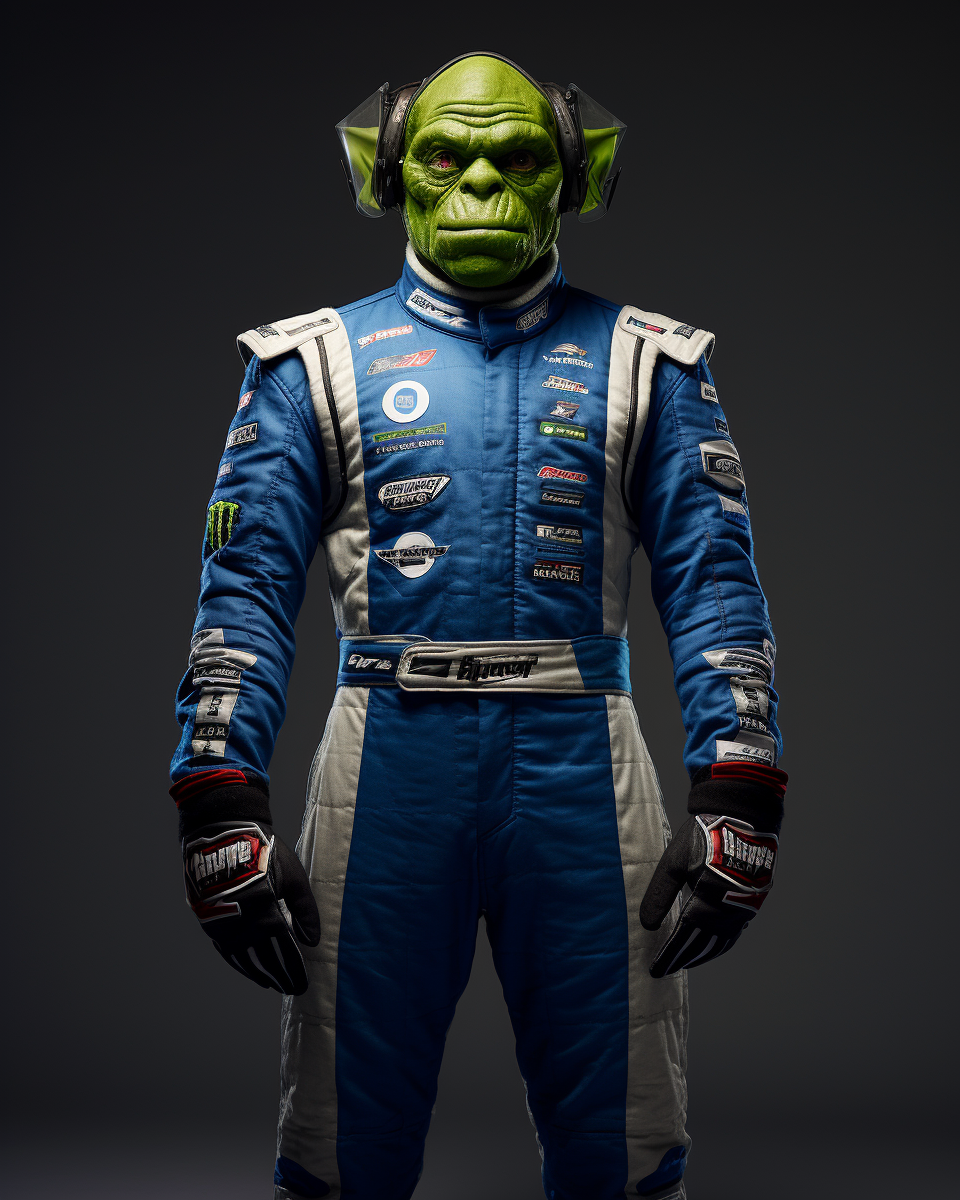 Photorealistic image of dark green Orc in race car uniform
