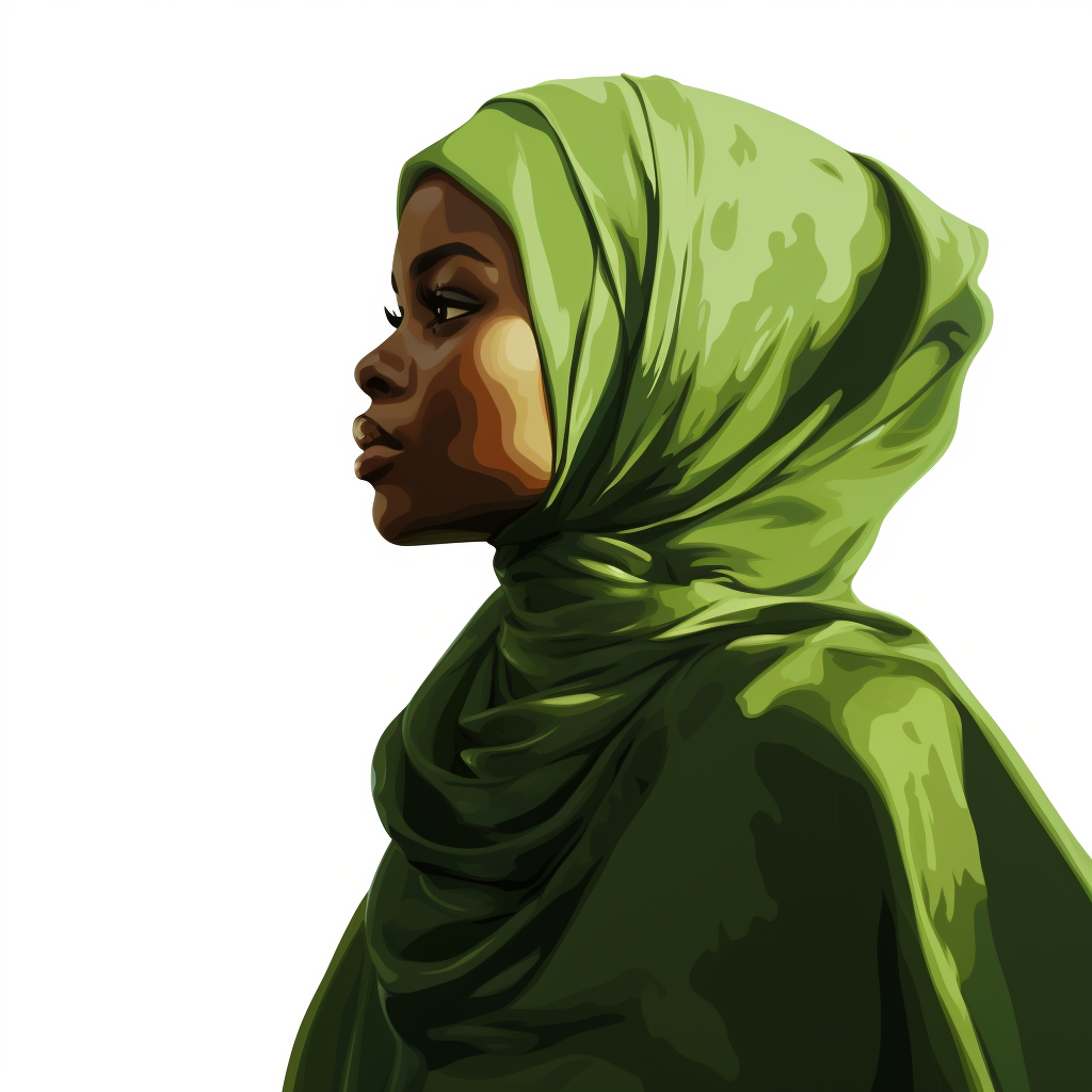 Silhouette of young hijabi woman studying in green dress