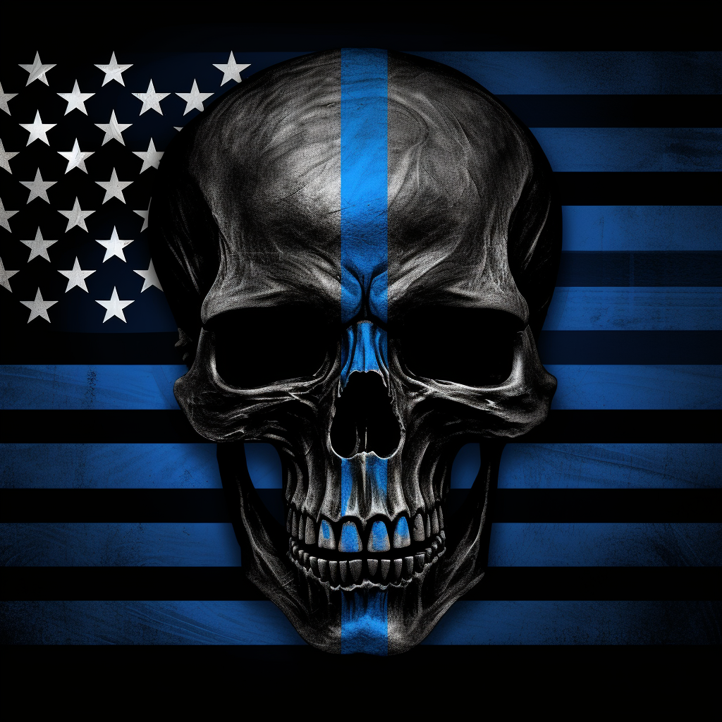 Dark skull with blue police stripe flag