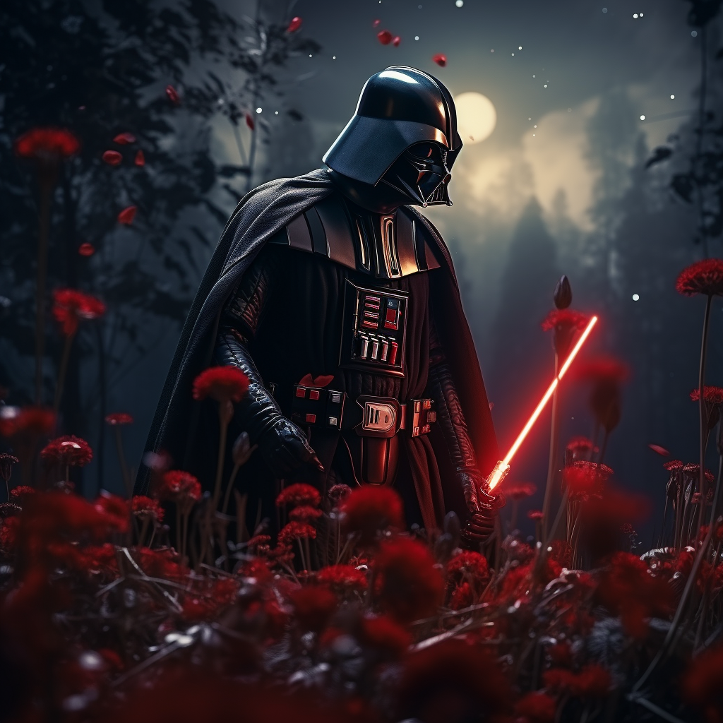 Darth Vader holding red lightsaber in flower field