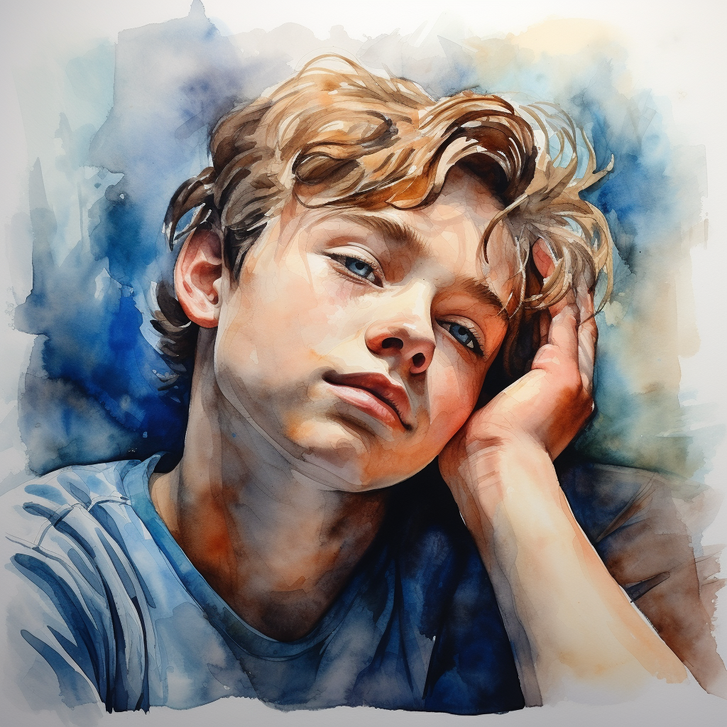 Watercolor portrait of a daydreaming boy