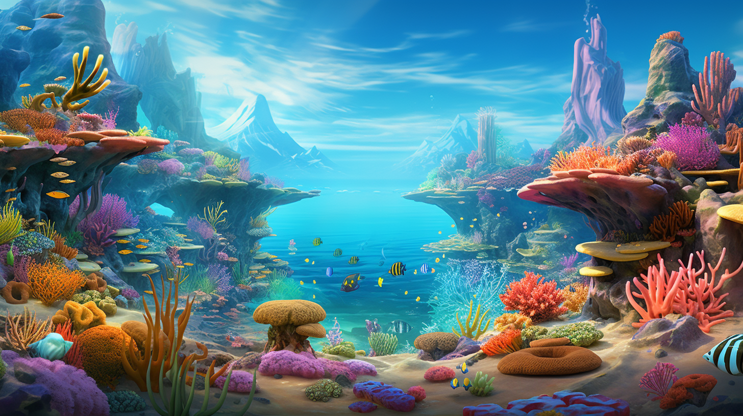 Colorful underwater scenery with mountains, bubbles, and sea animals.