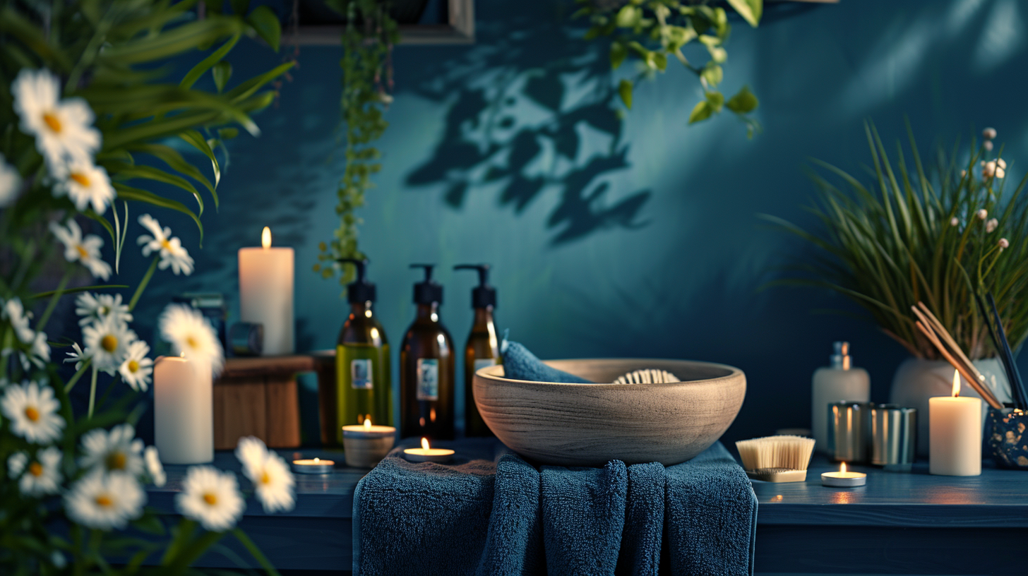 Spa background with towels, oil, candles, plants