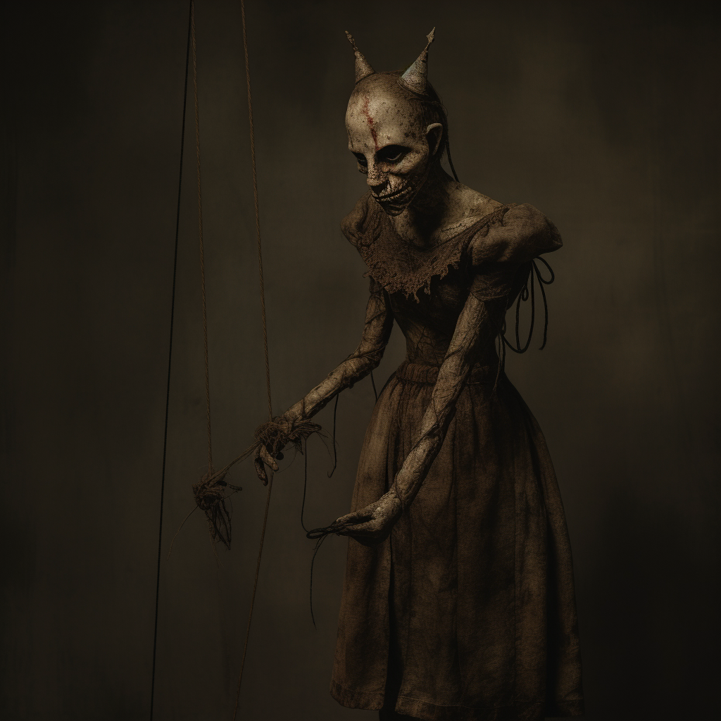 Demon holding marionette puppets in folk horror style