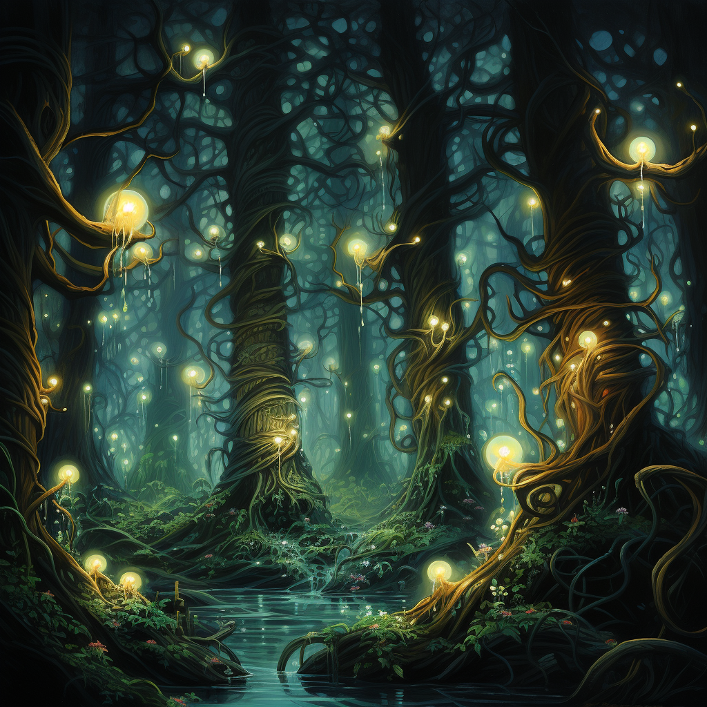 Enchanting densely forested area with glowing trees and strange plants