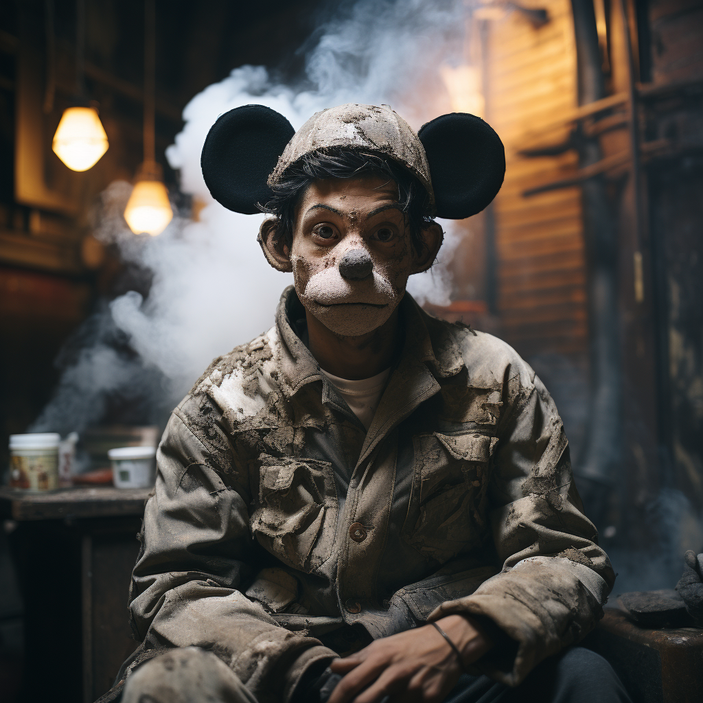 Mickey Mouse smoking in industrial light