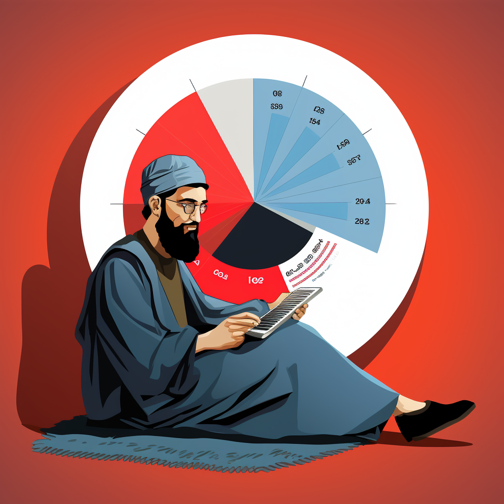 Illustration of a depressed terrorist presenting a pie chart