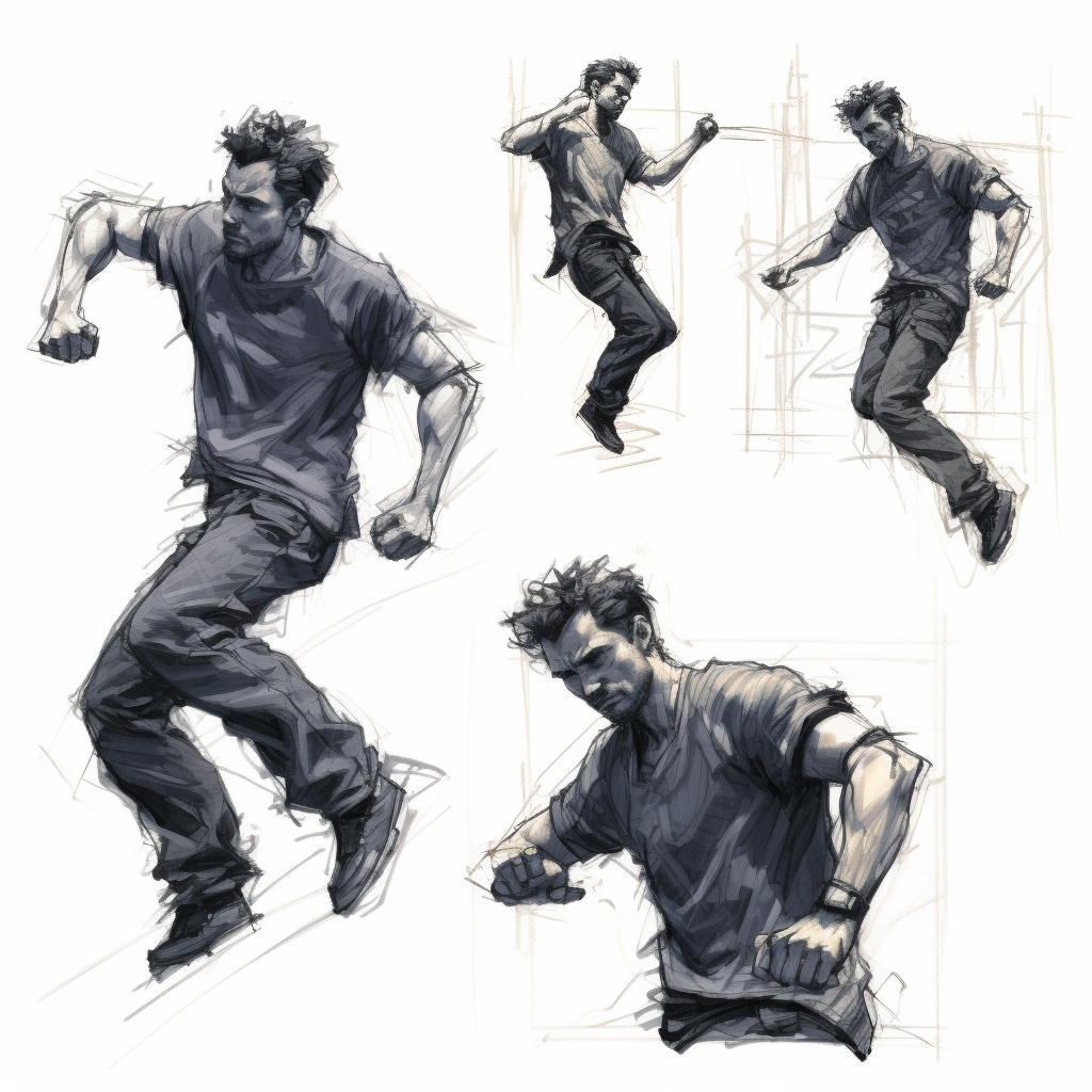 Dynamic upper body movement depicted in Derek Hess style sketch