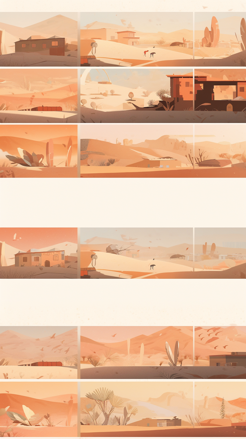 Multiple frames of a desert with a beaming sun