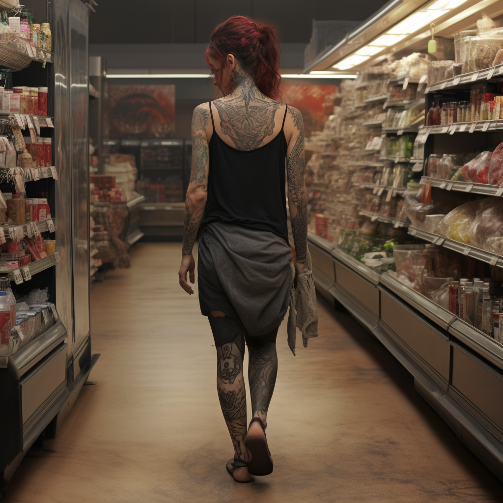 Gaunt woman in deserted supermarket aisle