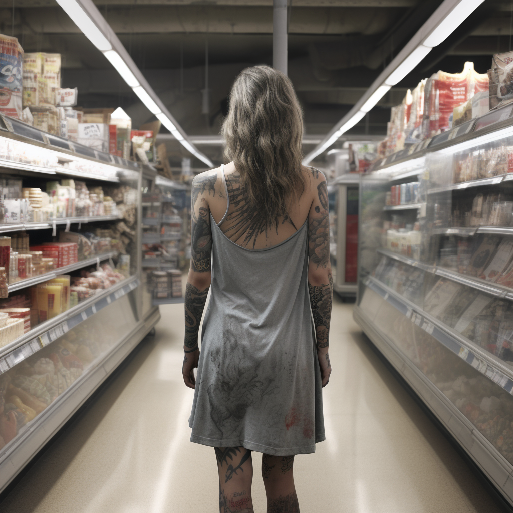 Mottled and Grey Woman in Supermarket Aisle