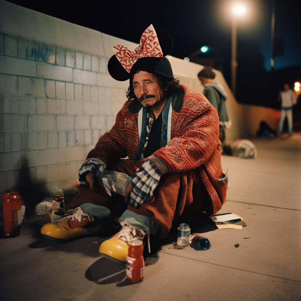 Despairing Mexican American in Mickey Mouse Costume on City Street