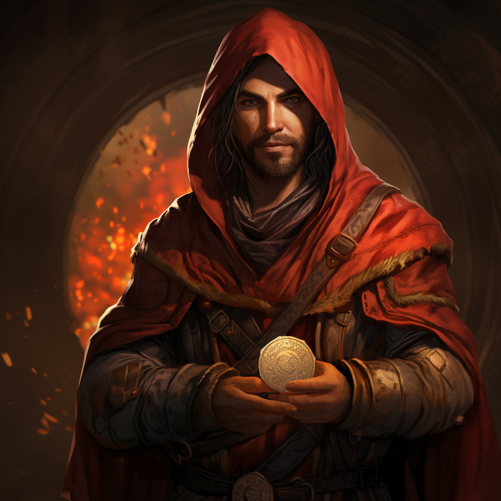 The Drifter holding a red coin in medieval setting