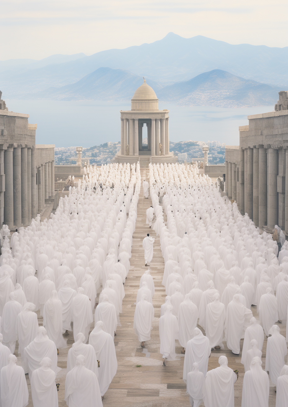 Devotees marching in ivory robe at weird-looking Greek temple