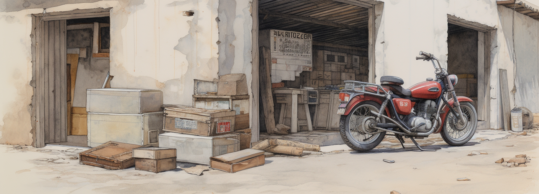 Traced drawing of a warehouse, crate, and motorcycle