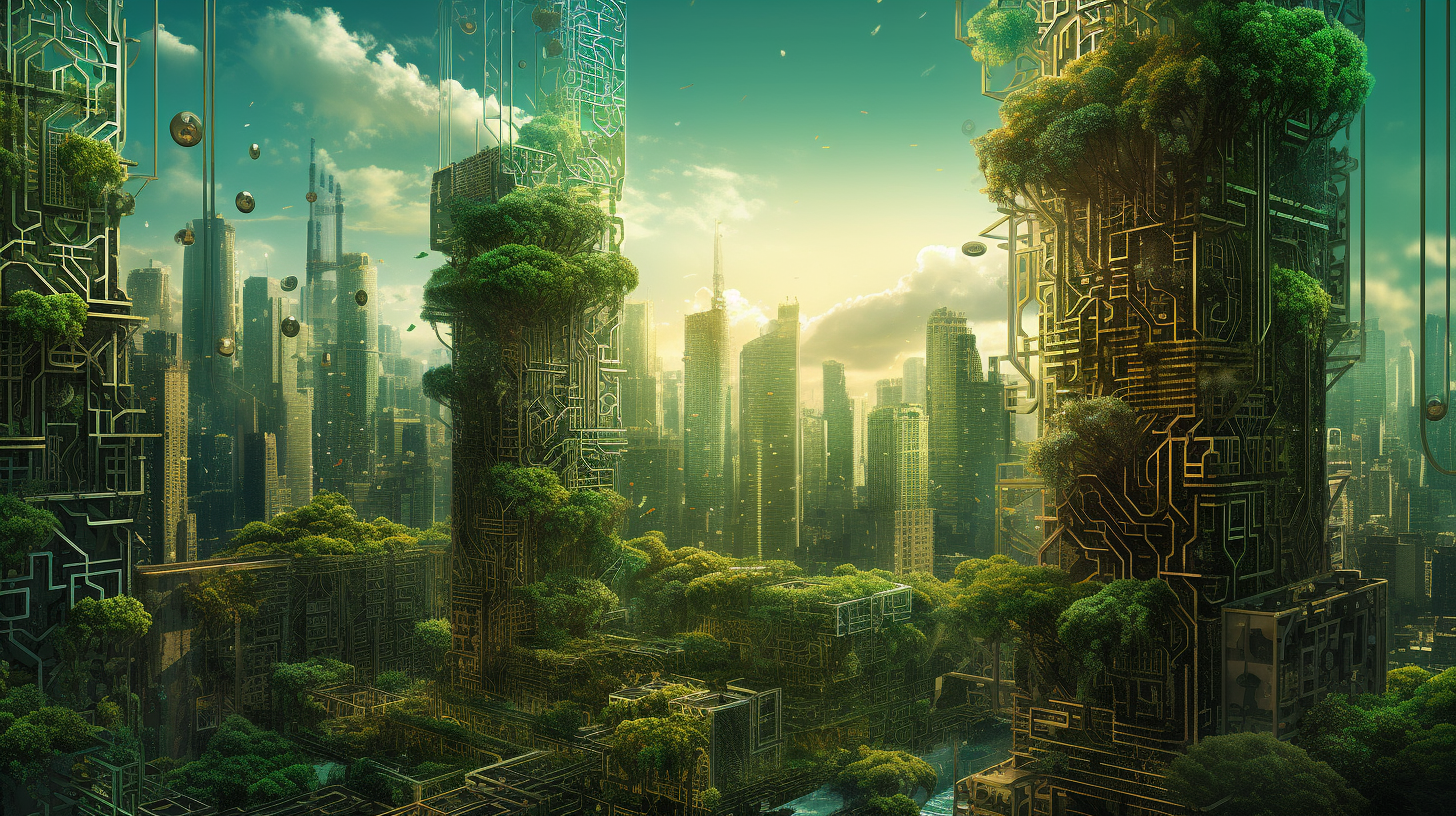 Image of thriving digital city with golden cash register