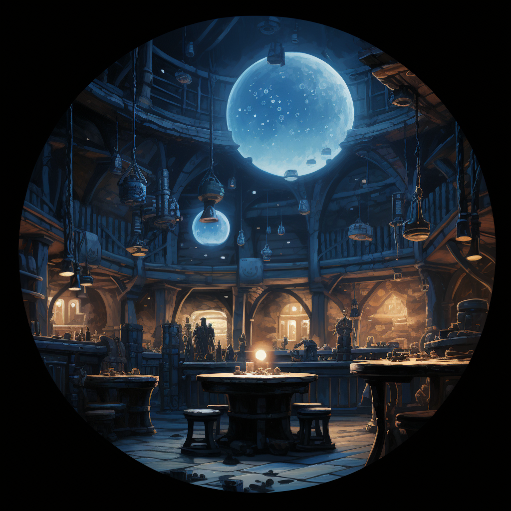 Mysterious blue glowing sphere in dimly lit tavern