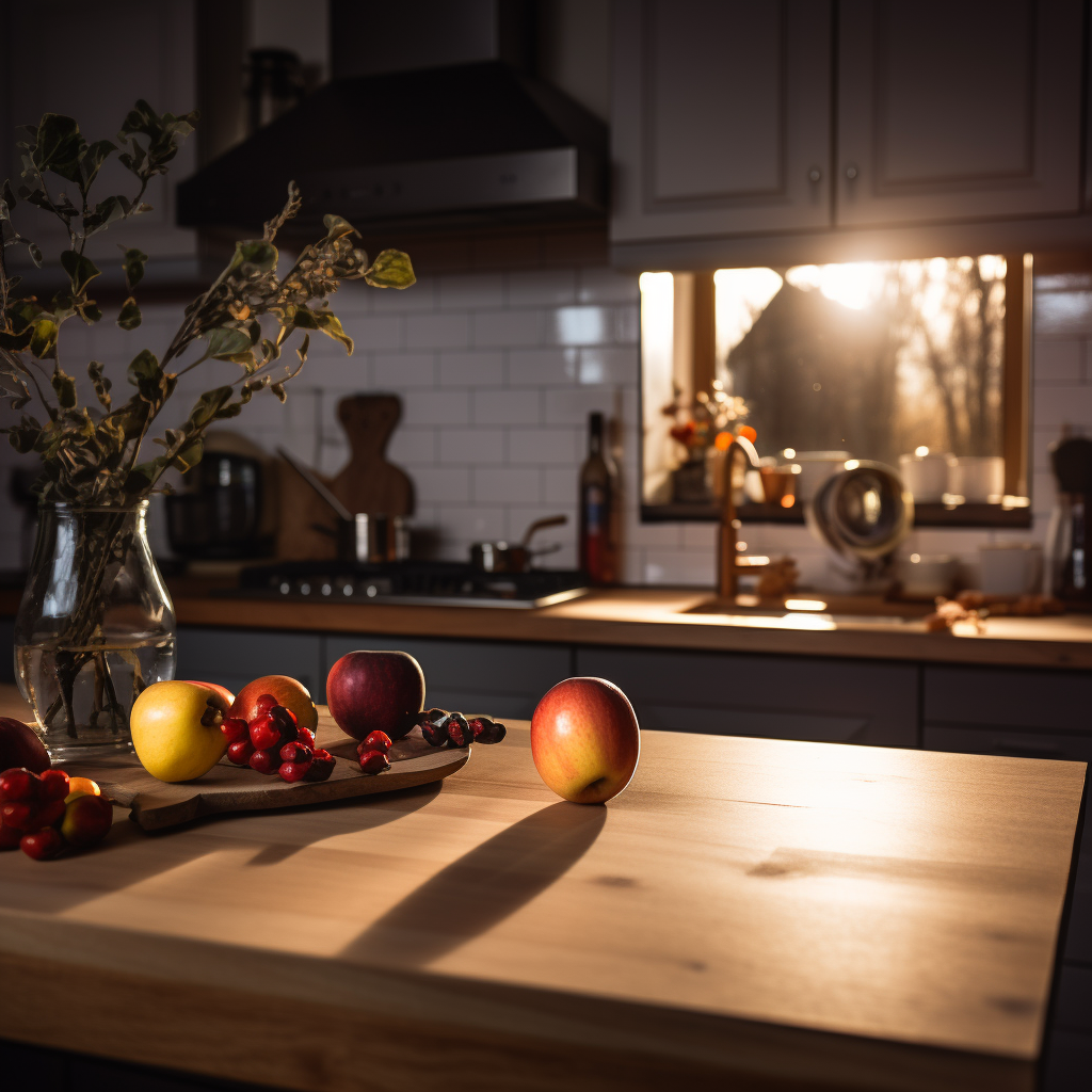 Dimmed wooden kitchen with candle and apple