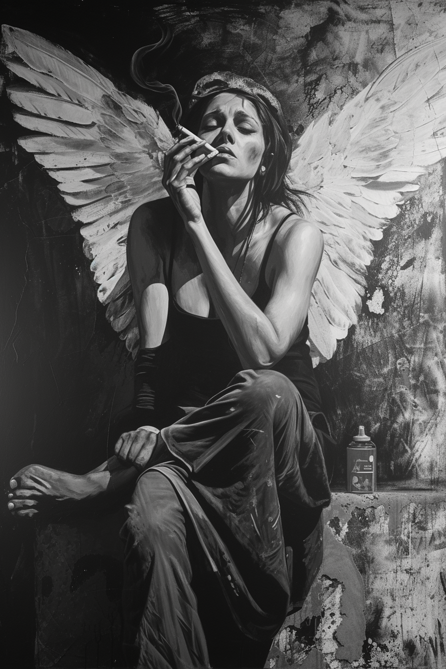 Dirty Angel Smoking and Spraypainting on Wall